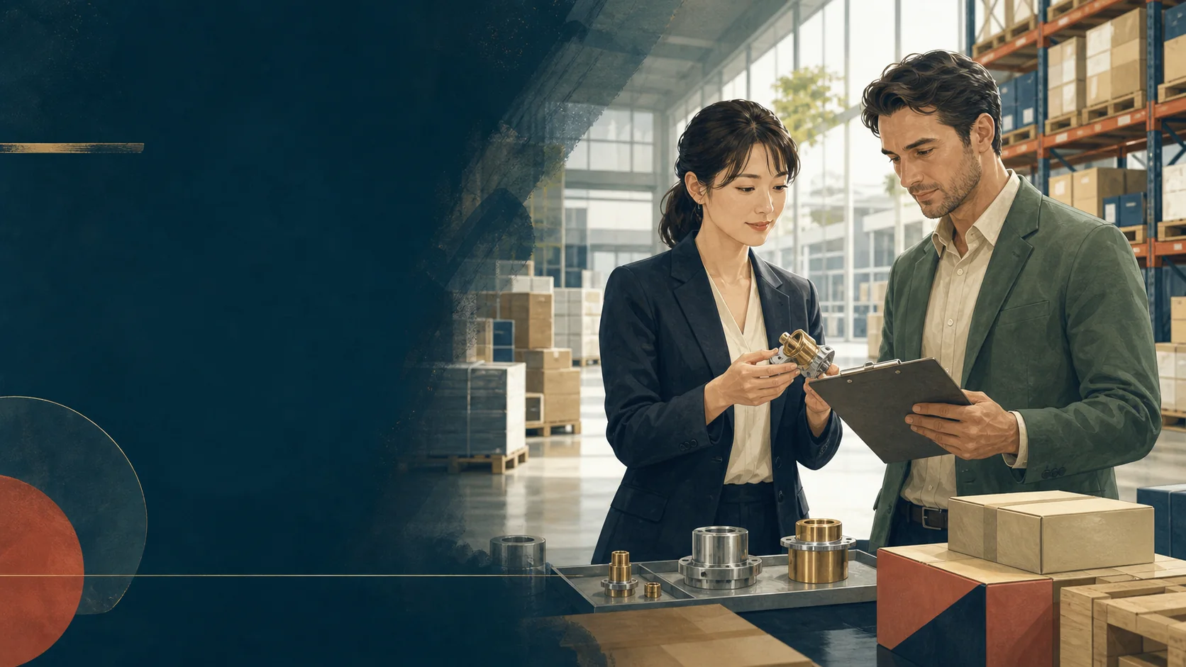 A buyer and production specialist reviewing products together in a warehouse